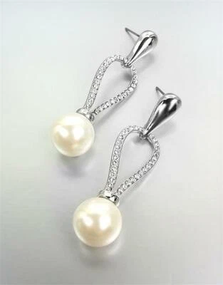STUNNING 18kt White Gold Plated Crystals Pearl Earrings PROM PAGEANT WEDDING - Image 1 of 2