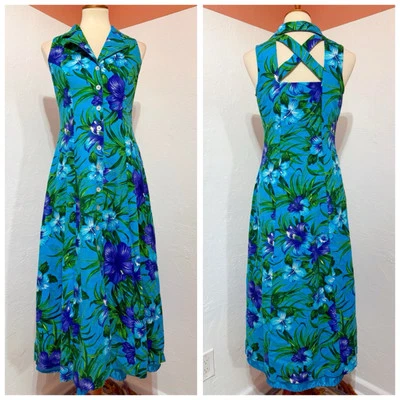 Vestido de Verano Sheri Martin Tropical Hawaiano Floral Azul Lino Botón Años 90 De Colección 6/M Foto 1 de 4