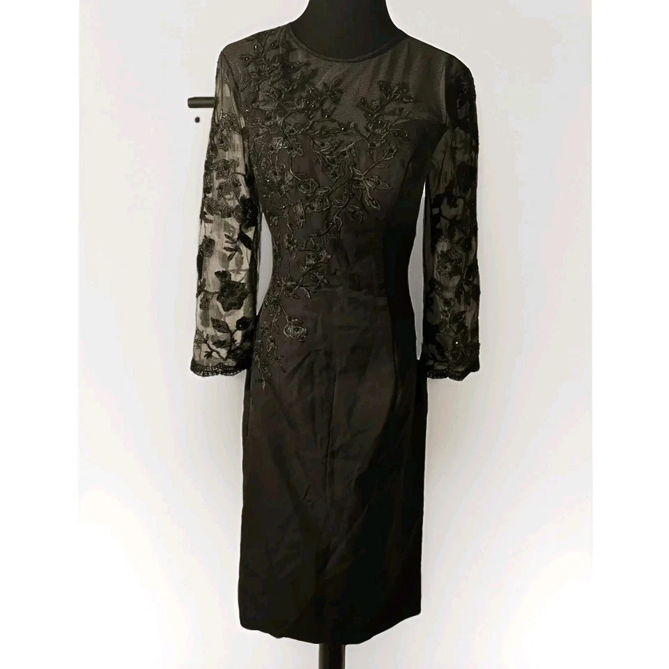 Lan Ting TS Couture Women's Size 6 Black Sheer Long Sleeve Floral Dress