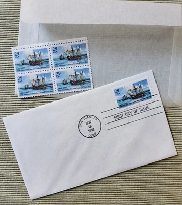 1993 USPS FDC & Block of 4 MNH Stamps SC# 2805, 500th Anniv of Columbus Landing - Image 1 of 4