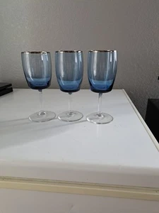 Vintage MCM West Virginia Glass SET OF 3 Blue Cordial Glasses Silver Rims, Mint - Picture 1 of 7
