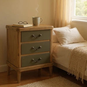 Natural Wood Grey/ Green Bedside Table with 3 Drawer for Stylish Storage - Picture 1 of 11