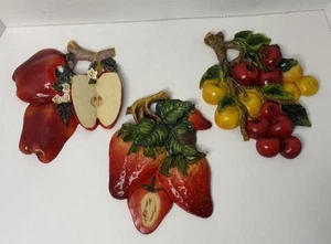 Menge 3 Vintage Kreidegeschirr Küche Wandkunst Obst Äpfel Erdbeeren 9x7" - Bild 1 von 5