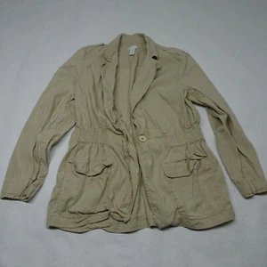 Chico's Size Jacket Size Large Khaki Linen Blend Safari Button Closure - Picture 1 of 6