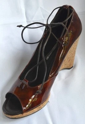 Donald Pliner Cork Wedge Platform Shoes MANA patent leather tie peep Size 9.5 M  - Imagem 1 de 4