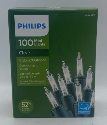 Philips 100 Count Clear Mini Lights Green Wire Indoor Outdoor Christmas Wedding - Image 1 of 4