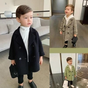 Winter Jackets Boys Girl Woolen Double-breasted Baby Trench Lapel Kids Overcoat - Picture 1 of 25