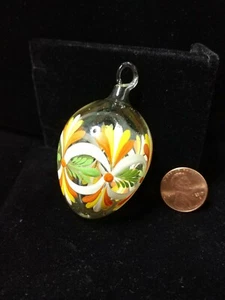 EASTER EGG ORNAMENT CLEAR BLOWN GLASS HAND PAINTED ORANGE YELLOW GREEN VTG - Picture 1 of 10