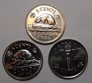 1966, 1992, 2005 Canada 5 cents Coins, 3 coin lot, Canadian nickel, UNC - Picture 1 of 2