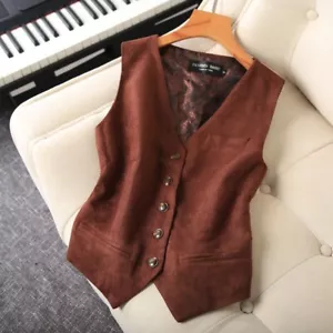 Women Faux Suede Waistcoat Vest Gilet Slim Fitted Sleeveless Jacket Retro - Picture 1 of 9