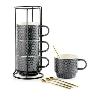 Coffee Mugs Set of 4 13 Ounce Stackable Coffee Mug Set with Stand Stoneware C... - Picture 1 of 6