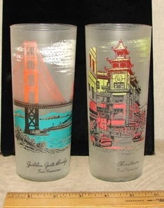 Vtg Libbey Frosted Iced Tea Glass x2, 1950s San Francisco, Golden Gate,Chinatown - Picture 1 of 12