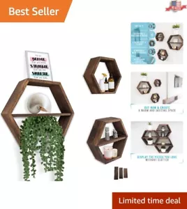 Geometric Floating Wood Shelves - Set of 3 Honeycomb Shelves - Rustic Brown - Picture 1 of 9
