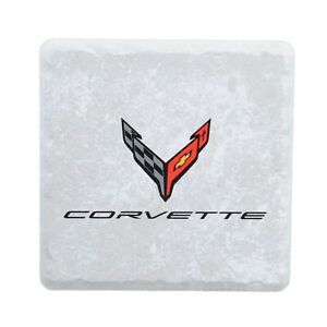 2020-2023 Corvette C8 White Stone Tile Drink Coaster with Logo & Script 4" x 4"