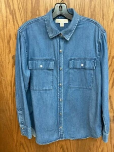 Michael Kors Long Sleeve Denim Shirt Logo Snaps Front Pockets Size Medium - Picture 1 of 9
