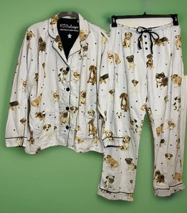 P.J. Salvage Women’s Flannel Pajama Set Sz M Puppy Print White W/Black Trim - Picture 1 of 13