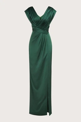 $795 Vestido de Noche THEIA Acari Columna Satén 0 Verde Pino Drapeado Plisado Foto 1 de 4