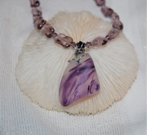 Wire Wrapped Purple Faux Sea Glass Necklace 21" Handmade Beaded Jewelry - Picture 1 of 5