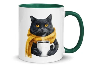 Schwarze Katze Tasse mit gelbem Schal - süße Keramik Kaffeetasse für Katzenliebhaber - Bild 1 von 10