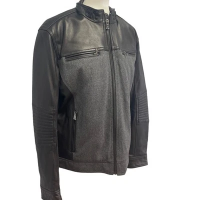 Nueva Chaqueta Moto Michael Michael Kors Para Hombres Grande Cuero Negro Lana Cremallera Completa Foto 1 de 4