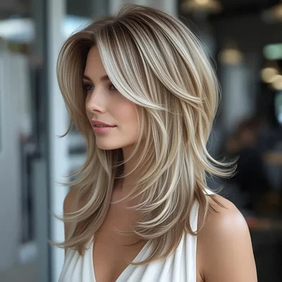 Peluca frontal de encaje de cabello humano corte en capas rubio beige balayage marrón con rubio resaltado Foto 1 de 4