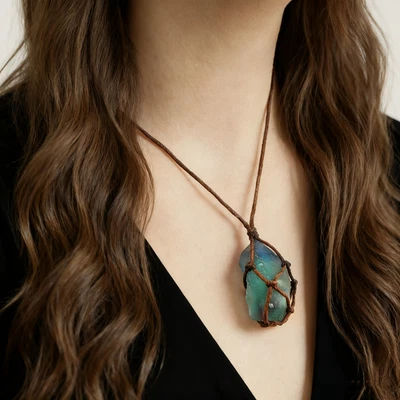 Collar unisex amuleto de reiki curativo colgante envuelto en cristal de fluorita verde crudo Foto 1 de 4