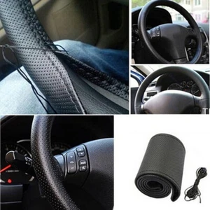Car Truck Leather Steering Wheel Cover With Needles and Thread Black DIY Th _pw - Picture 1 of 12