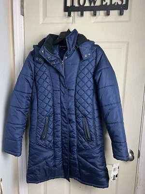 KC Collections Long Puffy Jacket Coat Removable Hood Sz M Navy  NWT Style 755139 - Image 1 of 4