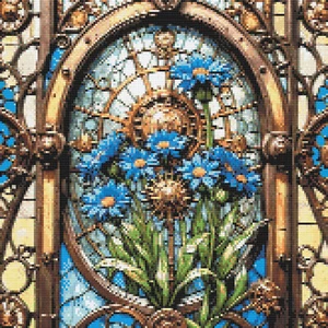 Blue flowers and stained glass, steampunk style. PatternKeeper compatible PDF - Picture 1 of 4