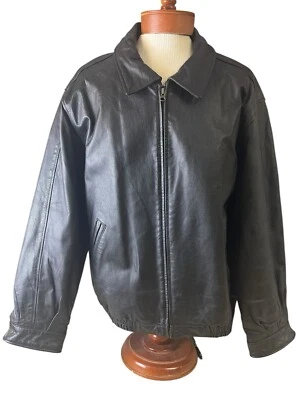 Trader Bay Men’s Black Leather Bomber Jacket YKK Zip Front Quilt Lining Size XL - Image 1 of 4