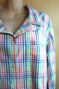 Sag Harbor Cotton Shirt Womens L Pastel Rainbow Plaid Button 3/4 Sleeve Notched - Picture 1 of 7