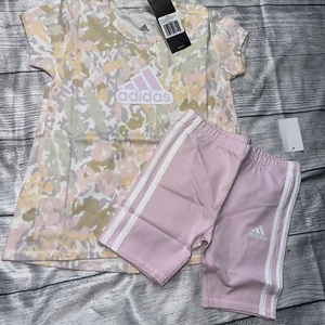 Adidas Girls Size 5 Neutral Colors Pink Bike Shorts Floral Outfit Set NEW - Picture 1 of 1