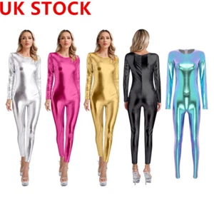 UK Women's Shiny Metallic Catsuit Bodysuit Slim Fit Full Body Jumpsuit Costume - Picture 1 of 53
