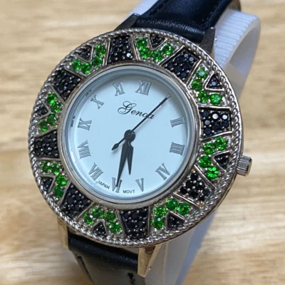 Unused Genoa Quartz Watch Women Ornate Silver Faux Gemstone Leather New Battery - Image 1 of 4