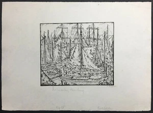 GELISTETER KÜNSTLER signierte Radierung ~ DEUTSCHER EXPRESSIONIST ~ um 1912 Hafen SEGELSCHIFFE - Bild 1 von 5