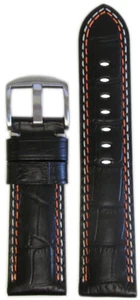 20mm XL Panatime Black Leather Watch Band w/Gator Print, Orange & White Stitch - Imagen 1 de 1