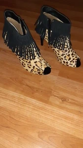 J Renee Animal Print Heels Open Toe Shoes/booties W/ Fringe - Size 9 Wide - Picture 1 of 9