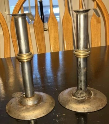 Pair 19th C. TOM LOOSE REPRO HAND FORGED WEDDING RING HOGSCRAPER CANDLESTICKS - Image 1 of 4