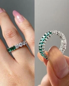 5Ct Created Green Emerald Eternity Band Women Wedding Ring 14K White Gold Finish - Picture 1 of 4