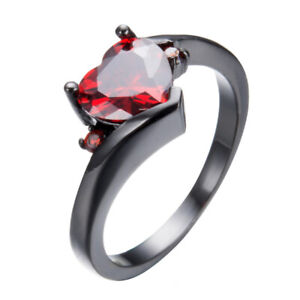 Heart Shaped Red Zircon Black Gold Filled Silver Women Jewelry Ring Size 9
