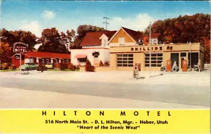 HEBER UTAH HILTON MOTEL & GAS STATION ROADSIDE VIEW VINTAGE LINEN POSTCARD - Picture 1 of 2