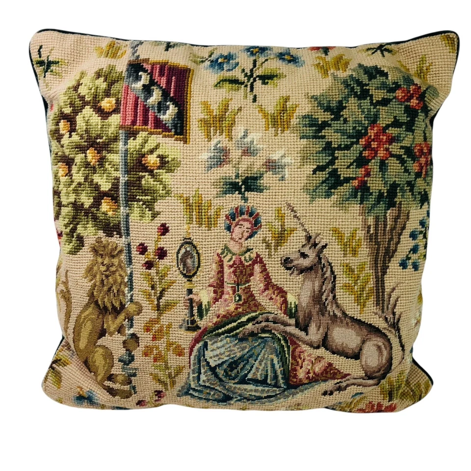 Wool Needlepoint Pillow Lady and the Unicorn & Lion Petit Point 15 in x 15 in - Image 1 of 4