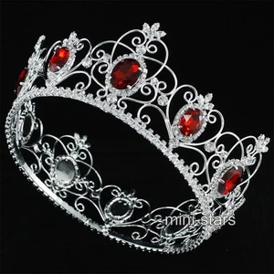 King Queen 3.5" Crown Full Round Circle Tiara Simulated Red Ruby Wedding Pageant - Picture 1 of 6