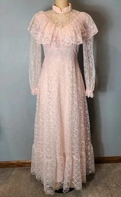 Maxi Vestido Pradera Vintage Años 70 Victoriano Cottagecore Rosa Encaje Manga Volantes S Foto 1 de 4