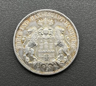 900/- Silbermünze, 3 Mark, 1914, Freie und Hansestadt Hamburg, J, Stadtwappen - Bild 1 von 2
