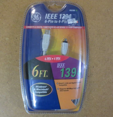 GE IEEE 1394 6 Pin to 4 Pin Cable 6FT HO9700 Camcorder or A/V Device Windows MAC - Image 1 of 4