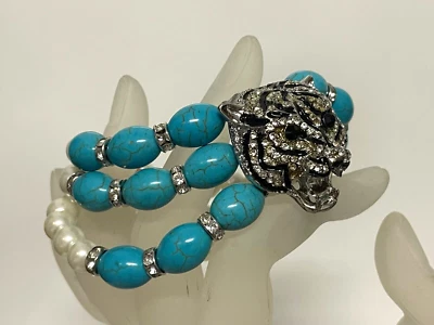 Silver-tone Jeweled Crystal Tiger Faux Blue Howlite & Faux Pearls Bracelet #612 - Image 1 of 4