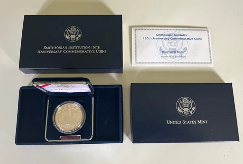 1996 Smithsonian Institution 150th Anniversary Silver Proof Dollar Coin w/COA Cover