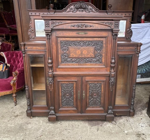 WALNUT AND BURL DROP FRONT DESK WITH BOOKCASE WITH LIONS. ATTR. HERTER Cover