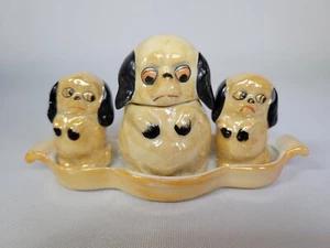 Vtg 4 Piece German Lusterware Sad Dog Puppy Salt & Pepper Shakers Condiment Set - Picture 1 of 17